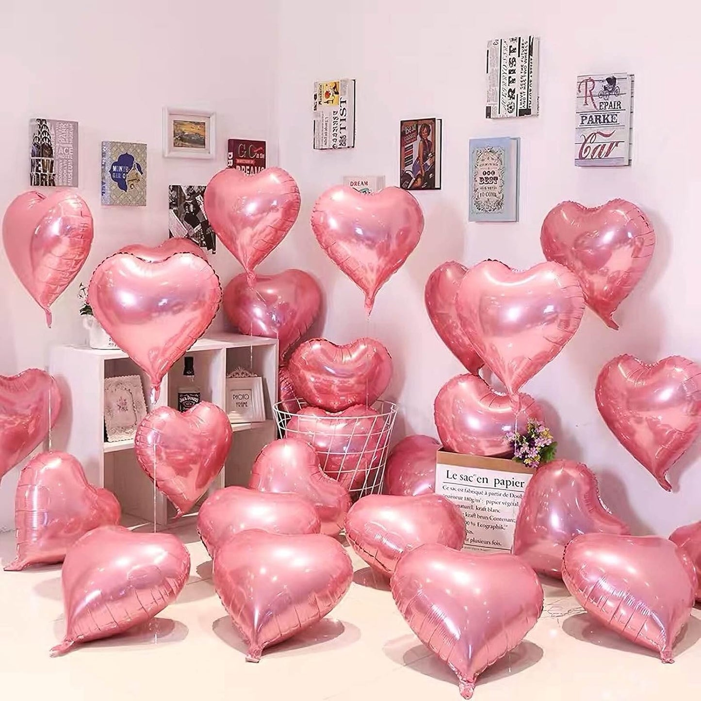 10Pcs Pearl Pink Foil Heart Shaped Balloons 18 Inch Mylar for Baby Shower, Wedding, Valentine Decorations - Love Party Supplies