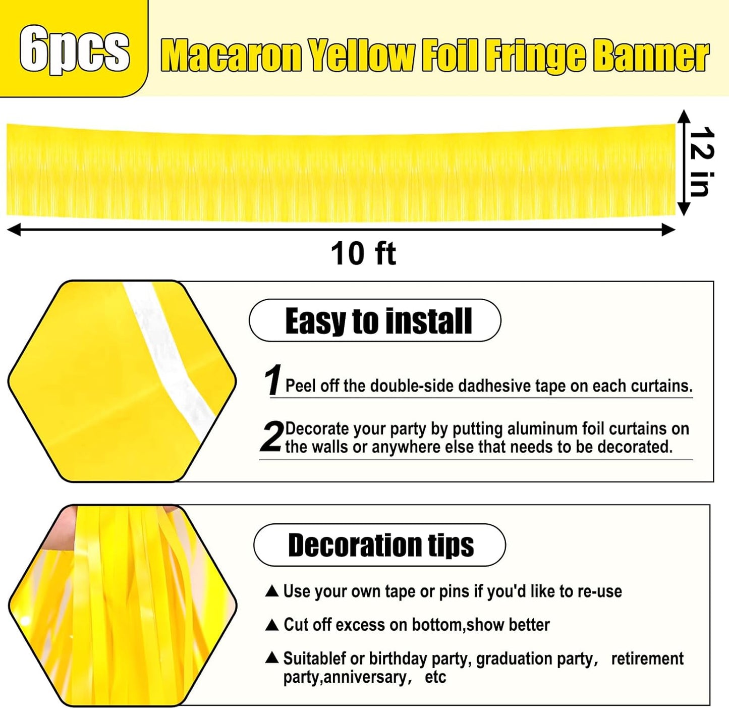 6 Pack 10 Feet Yellow Foil Fringe Garland Metallic Tinsel Streamers Banner Wall Hanging Curtain Backdrop for Parade Floats, Birthday, Graduate, Mother's Day, Wedding Party Decoration