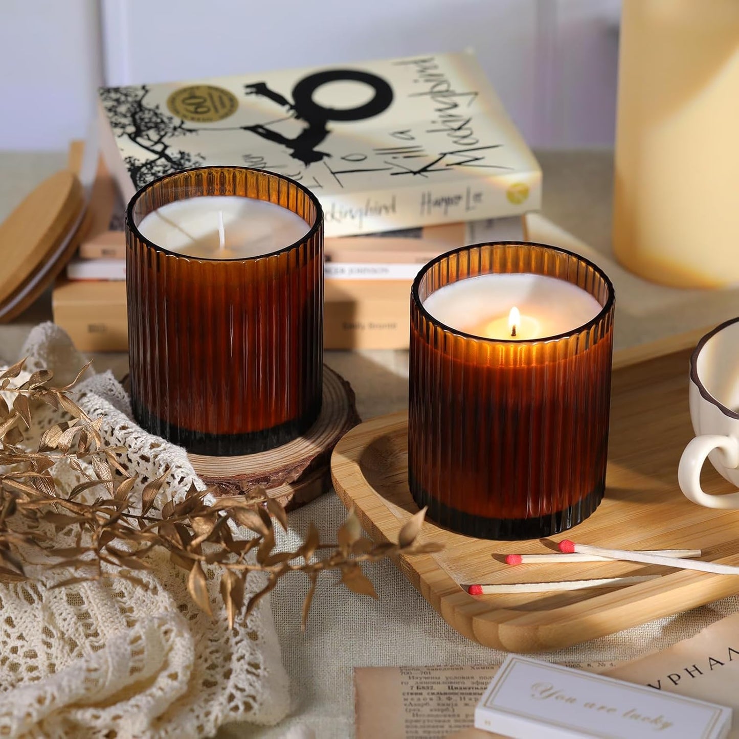 10 OZ Amber Candle Jars for Making Candles Set of 8, Ribbed Glass Candle Jars with Wood Lids and Labels, Candle Containers for DIY, Gifts, Home Decoration