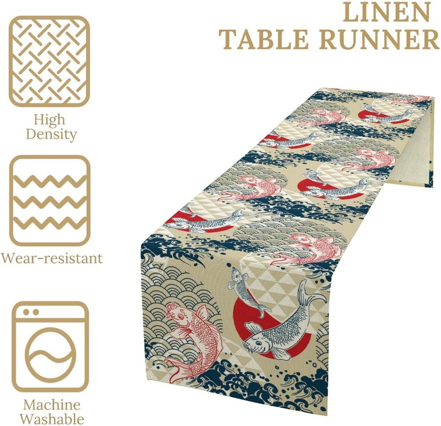 Japanese Table Runner Oriental Tradition Kio Fish Art Printed Burlap Runner Home Kitchen Dining Table Living Room Decor Fabric 1 Panel W13xL90in