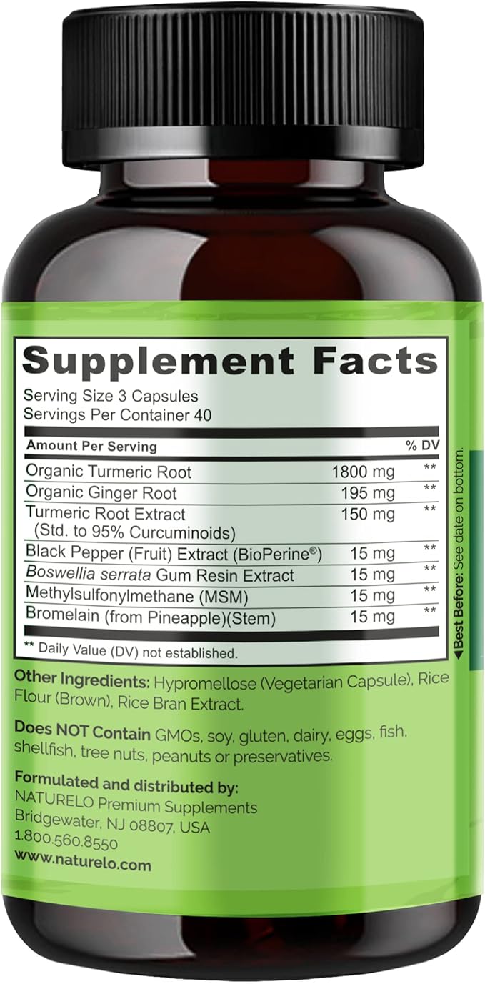 NATURELO Turmeric Curcumin - BioPerine for Better Absorption - Black Pepper, Ginger Root, Curcuminoids - Plant-Based Joint Discomfort Support - 120 Vegan Capsules (Pack of 2)
