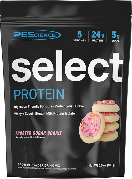 PEScience Select Protein Powder, Whey and Casein Blend, Clean Protein Powder for Women and Men, Low Calorie, Low Carb, Keto Friendly, Gluten Free, Frosted Sugar Cookie, 5 Servings