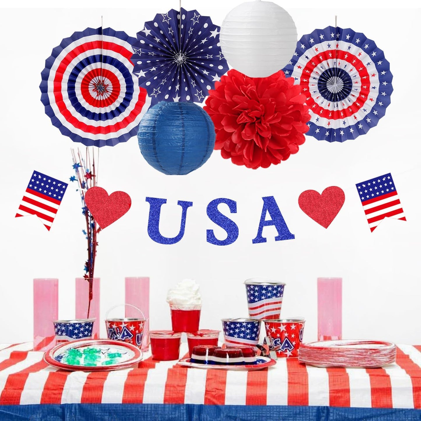 Red-White Blue Memorial-Day Patriotic Decorations - 21pcs 4th Fourth of July Americana Banner Garland,Independence Party Decor Paper Streamers Lanterns,Flower Tissue Pom Poms Fan Supplies Huglony