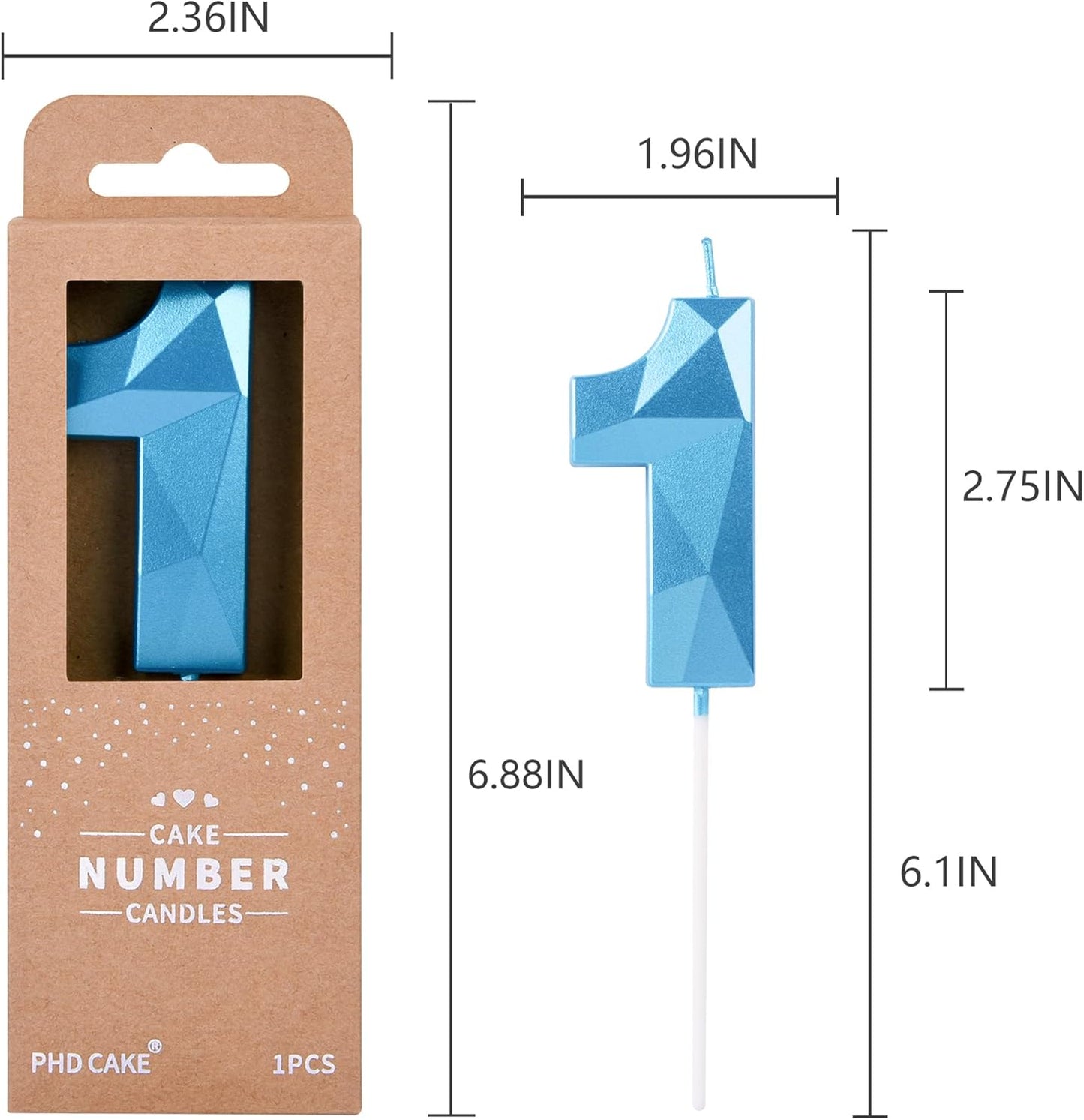 PHD CAKE 2.76 Inch Crystal Blue 1 Number Birthday Candles, Blue Number Candle, Cake Number Candles, Party Celebration