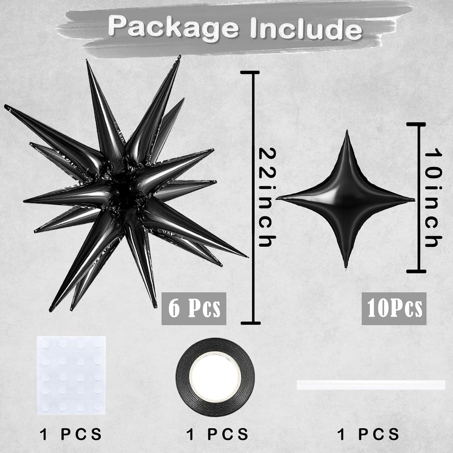 6 Pcs Explosion Star Foil Balloons- 12 Point Star Balloons,Black Spike Balloon and 10Pcs Four Pointed Balloon for Party Supplies Christmas Birthday Wedding Photo Booth