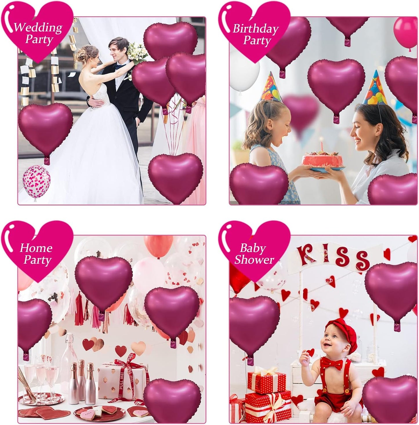 Biapian Foil Heart Balloons, 10PCS Pink Heart Shape Balloons Valentines Balloons 18inch Rose Red Foil Balloons for Helium Birthday Decorations for Girls Women for Valentines Day, Wedding, Anniversary