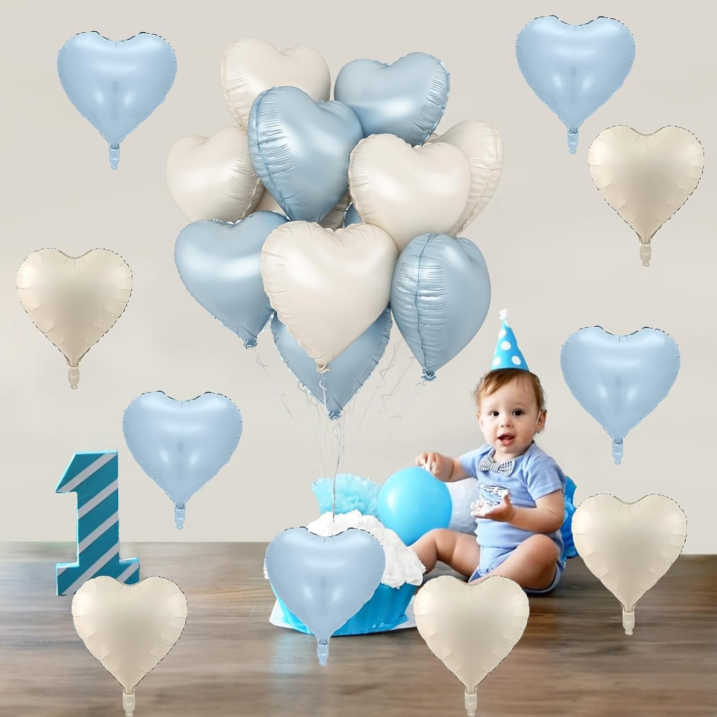 Blue White Heart Balloons, 18 Inch Baby Blue Cream Foil Heart Balloons, 10PCS Light Blue Nude Heart Shape Balloons Blue Helium Mylar Balloons for Boys Men Birthday Baby Shower Valentines Graduation
