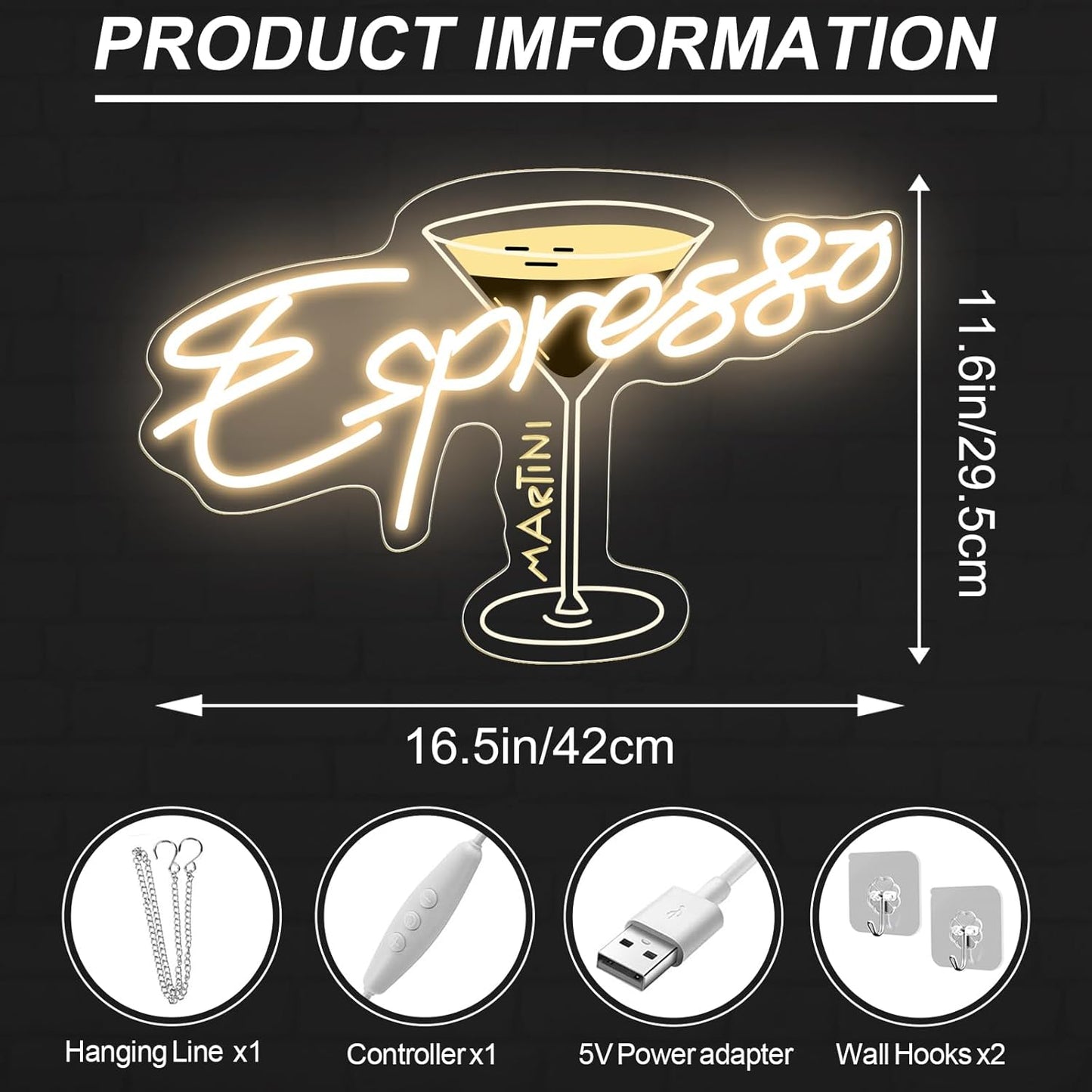 Espresso Martini Neon Sign, Cocktail Club Wall Art Decor,Tini Time Wall Decor,Martini Lover Gift,Retro Espresso wall sign,Retro Alcohol Gift, 16.5"x11.6"