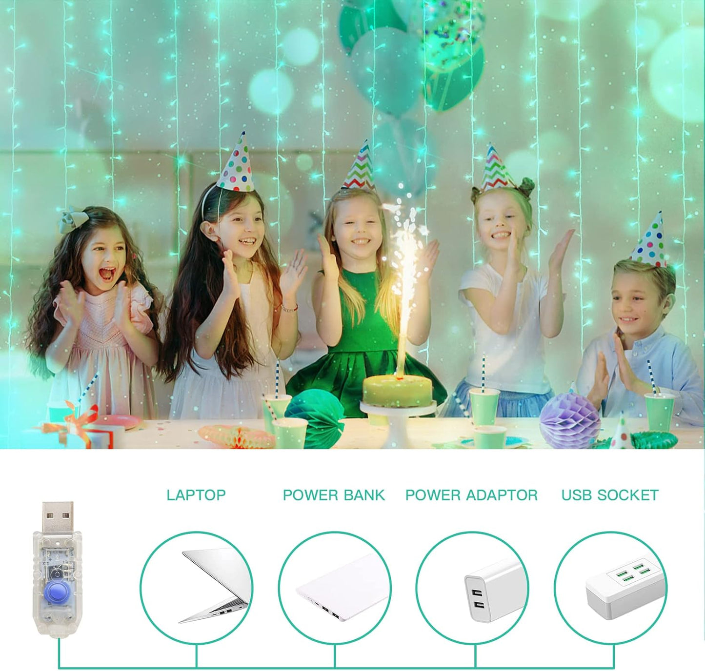 suddus Curtain Lights for Christmas, 200 Led 6.5ft x 6.5ft Hanging String Lights Outdoor, Fairy Curtain Lights for Backdrop, Window, Wall, Party, Garden, Bedroom, Birthday Decorations, Teal