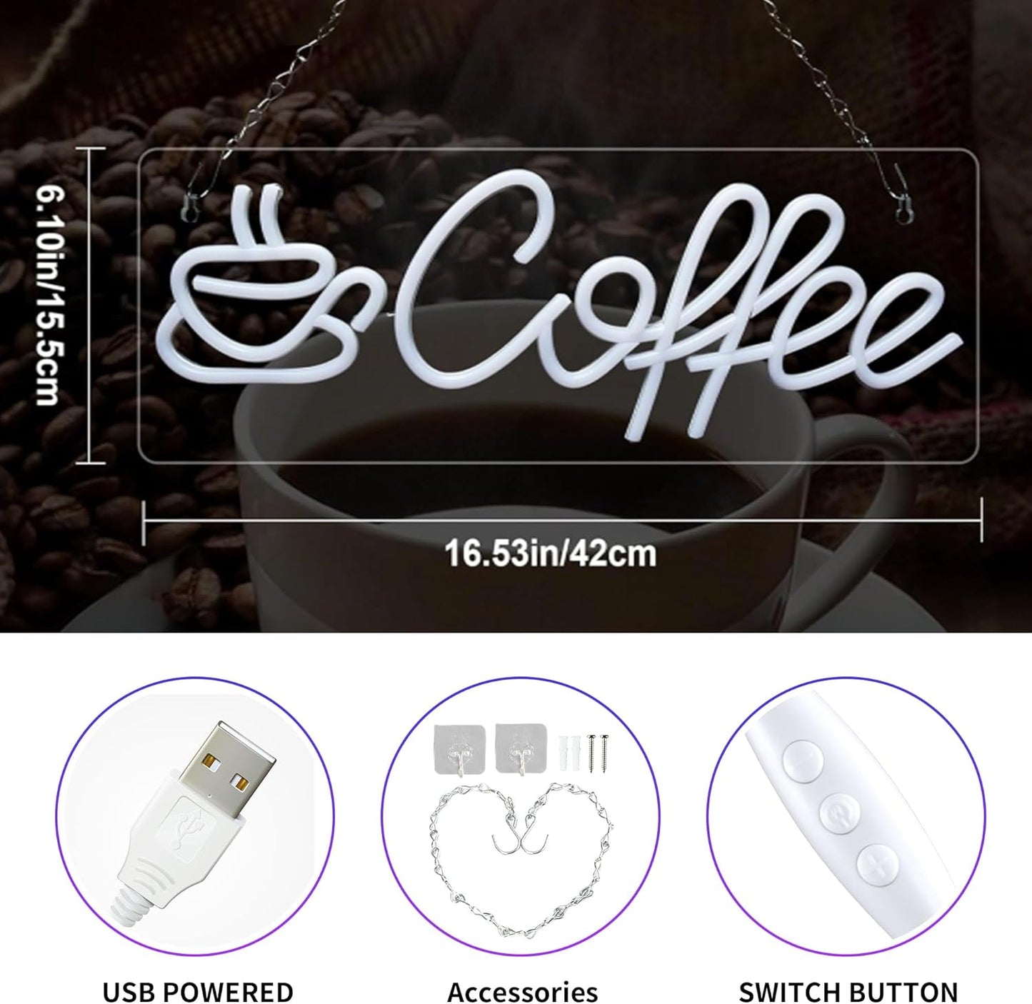 Coffee Neon Sign, Dimmable Coffee Bar Signs for Wall Decor, USB Powered Neon Light Sign with Metal Chain, Led Light Room Decor for Restaurants, Café Shop Window, Office Loung