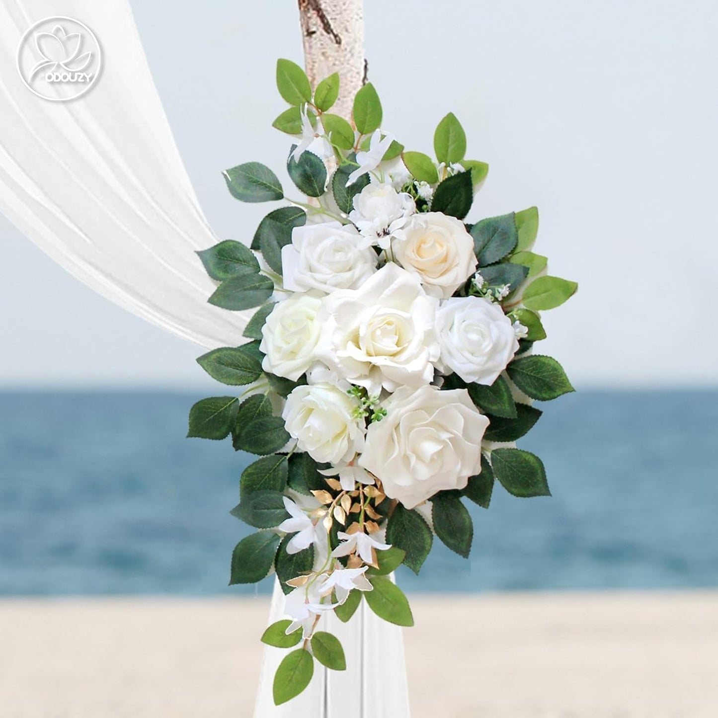 Wedding Arch Flowers Kit,Artificial Flower Arch Decor (Set of 3),2pcs Artificial Flower Arrangement with 1pc Sheer Drape for Wedding Decor Reception Backdrop Floral Decorations (Ivory White)