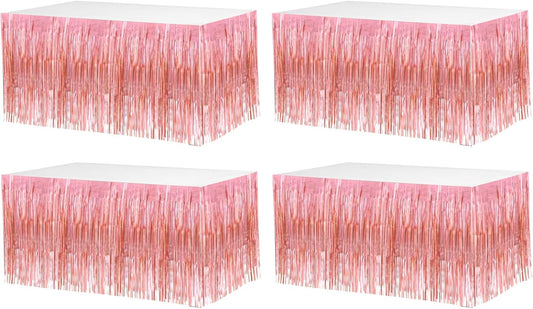 4 Pack 29x108 Inch Metallic Foil Fringe Tinsel Table Skirts for Rectangle Tables Streamer Backdrop for Wedding, Birthday, Parade Floats, Christmas, Halloween Party Decoration(New Rose Gold)