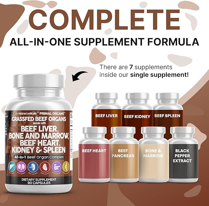 Clean Nutraceuticals Grass Fed Beef Liver Capsules - Premium Quality Supplement Packed with Desiccated, Beef Heart, Spleen, Pancreas Plus Bone & Marrow Dao Enzyme Pills