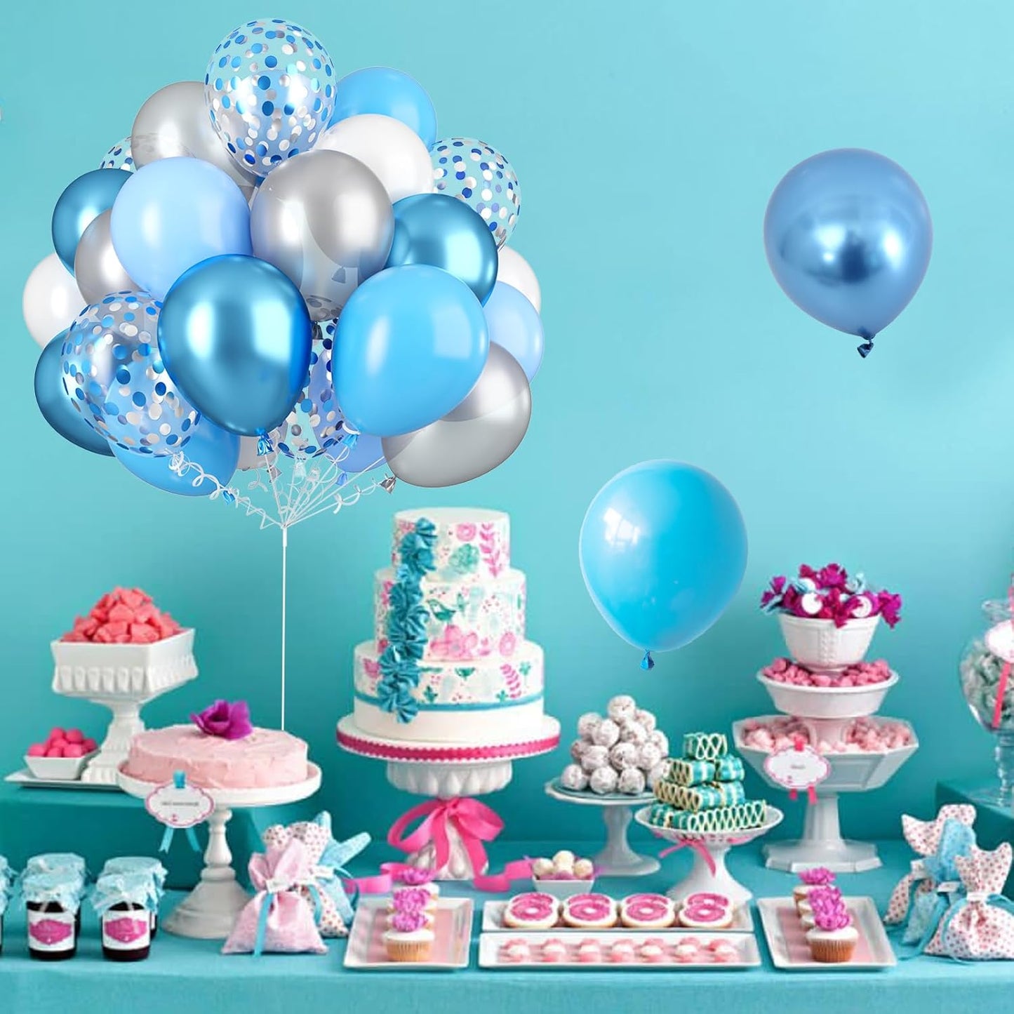 Blue Silver White Confetti Balloons Kit, Light Blues Metallic Blue Pastel Blue and Pearl Silver Birthday Balloon, for Boy Birthday Baby Shower Wedding Party Decor