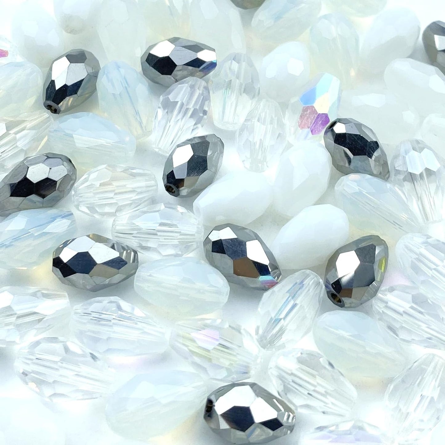 40pcs 10x15mm Teardrop Crystal Glass Beads Vertical Hole Faceted Loose Spacer Beads for DIY Craft Jewelry Making Necklace Bracelet Earring Wind Chimes(White Series)