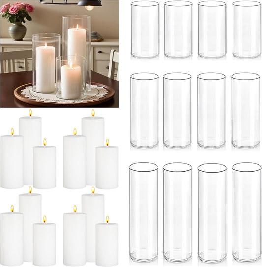 24 Pcs White Pillar Candles with Glass Candle Holder Hurricane Glass Candle Holders Clear Cylinder Vases for Centerpieces Wedding Office Party Home Table Decor