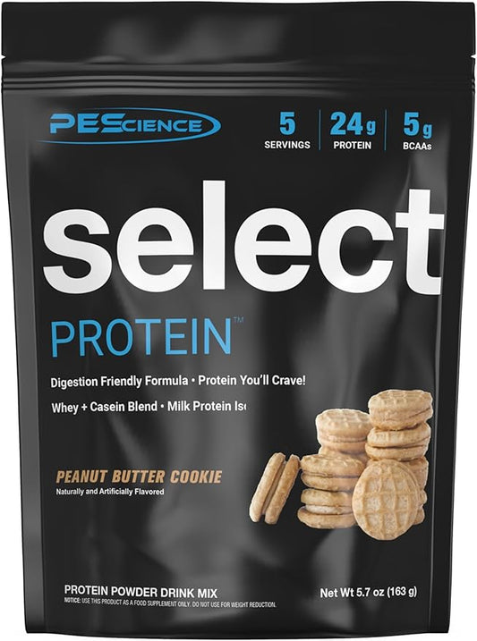 PEScience Select Protein Powder, Whey and Casein Blend, Clean Protein Powder for Women and Men, Low Calorie, Low Carb, Keto Friendly, Gluten Free, Peanut Butter Cookie, 5 Servings