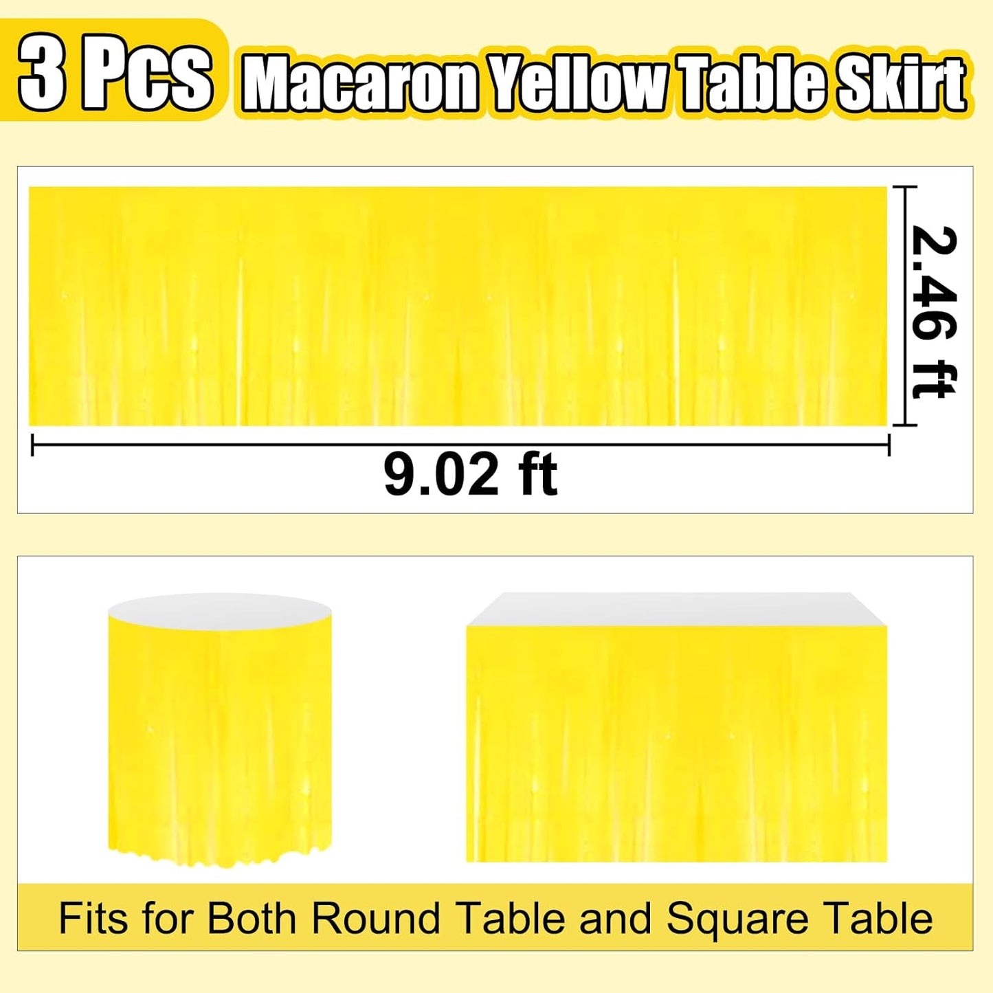 3 Pack 29 x108 Inch Macaron Yellow Foil Fringe Table Skirts Metallic Banner for Tinsel Streamer Garland Backdrop for Parade Floats Wedding Thanksgiving Birthday Christmas New Year Party Decoration