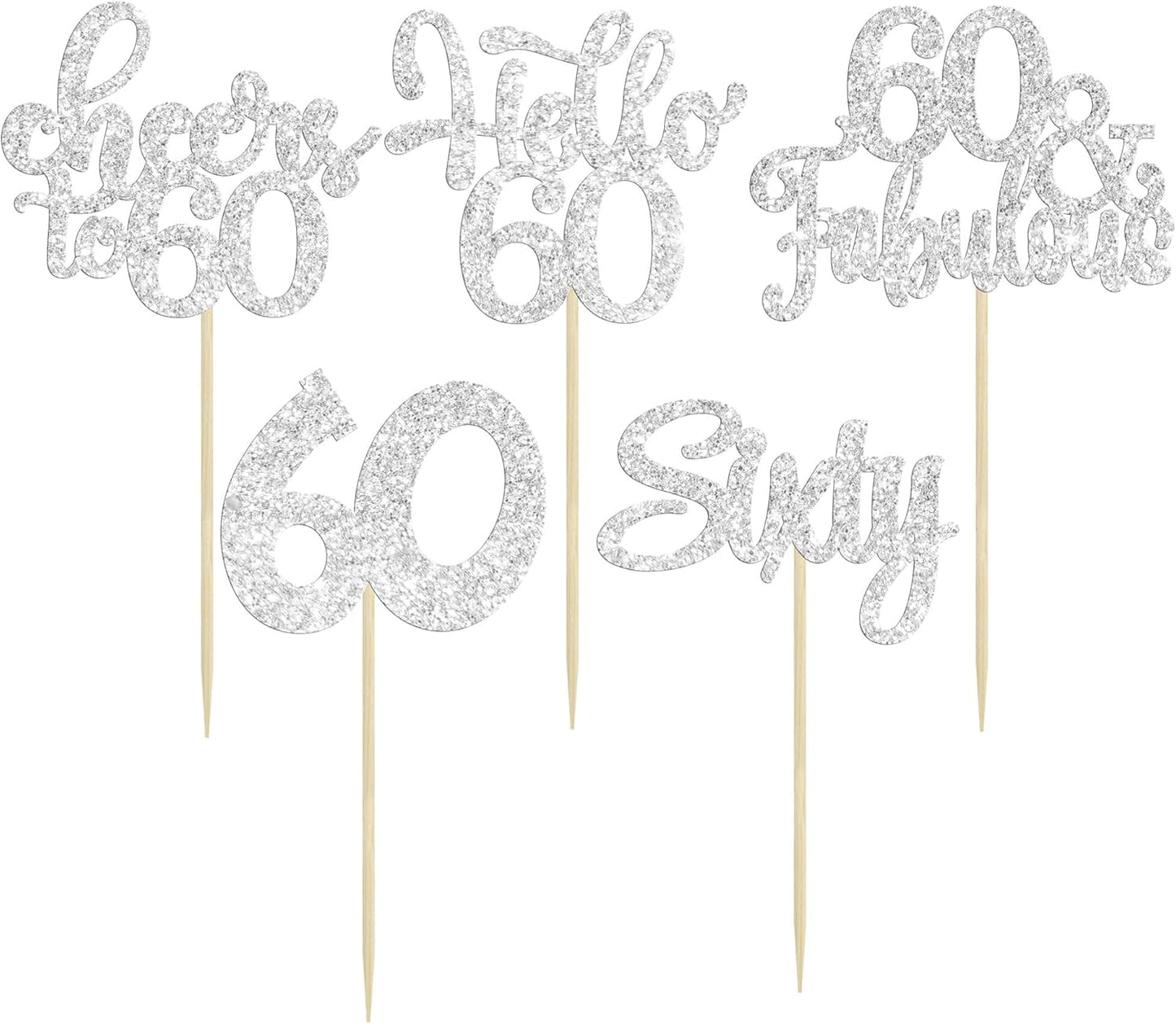30Pcs Happy 60th Birthday Cupcake Toppers Silver Glitter Sixty Cake Toppers Cheers to 60 Years Old Birthday Cupcake Picks for 60th Birthday Anniversary Party Cake Decorations Supplies