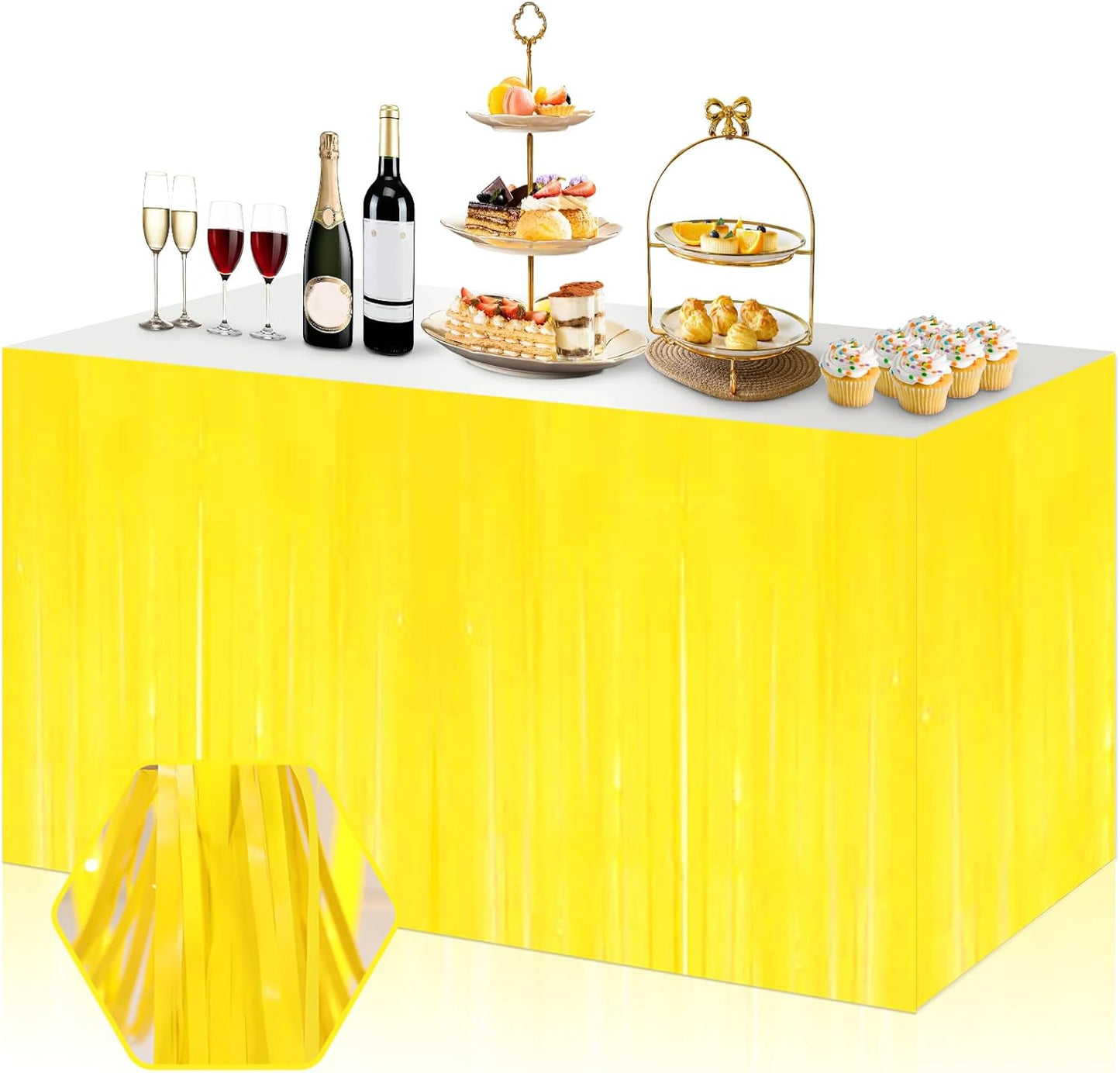 3 Pack 29x108 Inch Macaron Yellow Foil Fringe Table Skirts Metallic Banner for Tinsel Streamer Garland Backdrop for Parade Floats Wedding Thanksgiving Birthday Christmas Halloween Party Decoration