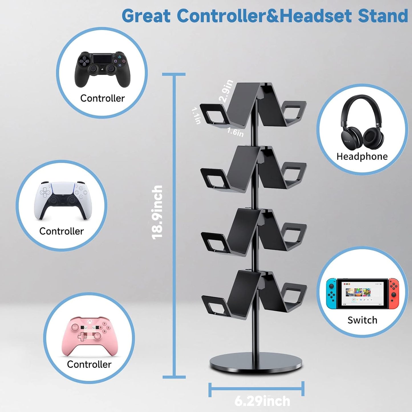 Controller Holder 4 Tier,Headphone Stand - Adjustable Headset Holder for Xbox PS5 PS4 Switch Pro - Gaming Storage for Universal Game Accessories,Desk/Floor(Black)