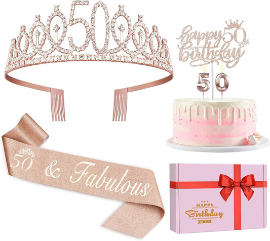 50th Birthday Decorations for Women, Including 50th Birthday Sash and Crown, Cake Topper and Candles, 50 Year Old Gifts for Women