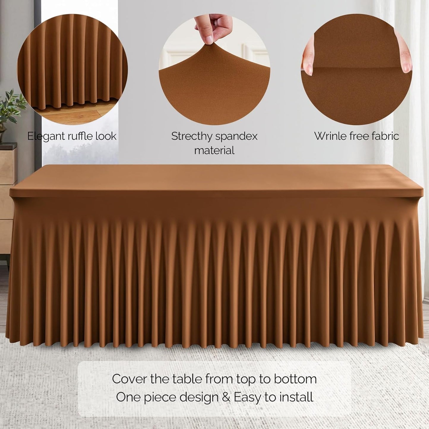Wish Care 2 Pack Brown Spandex Table Clothes for 8 Foot Rectangle Tables, 8FT Wrinkle Free Fitted Tablecloths Ruffles Design Table Cover for Party, Banquet, Wedding and Events