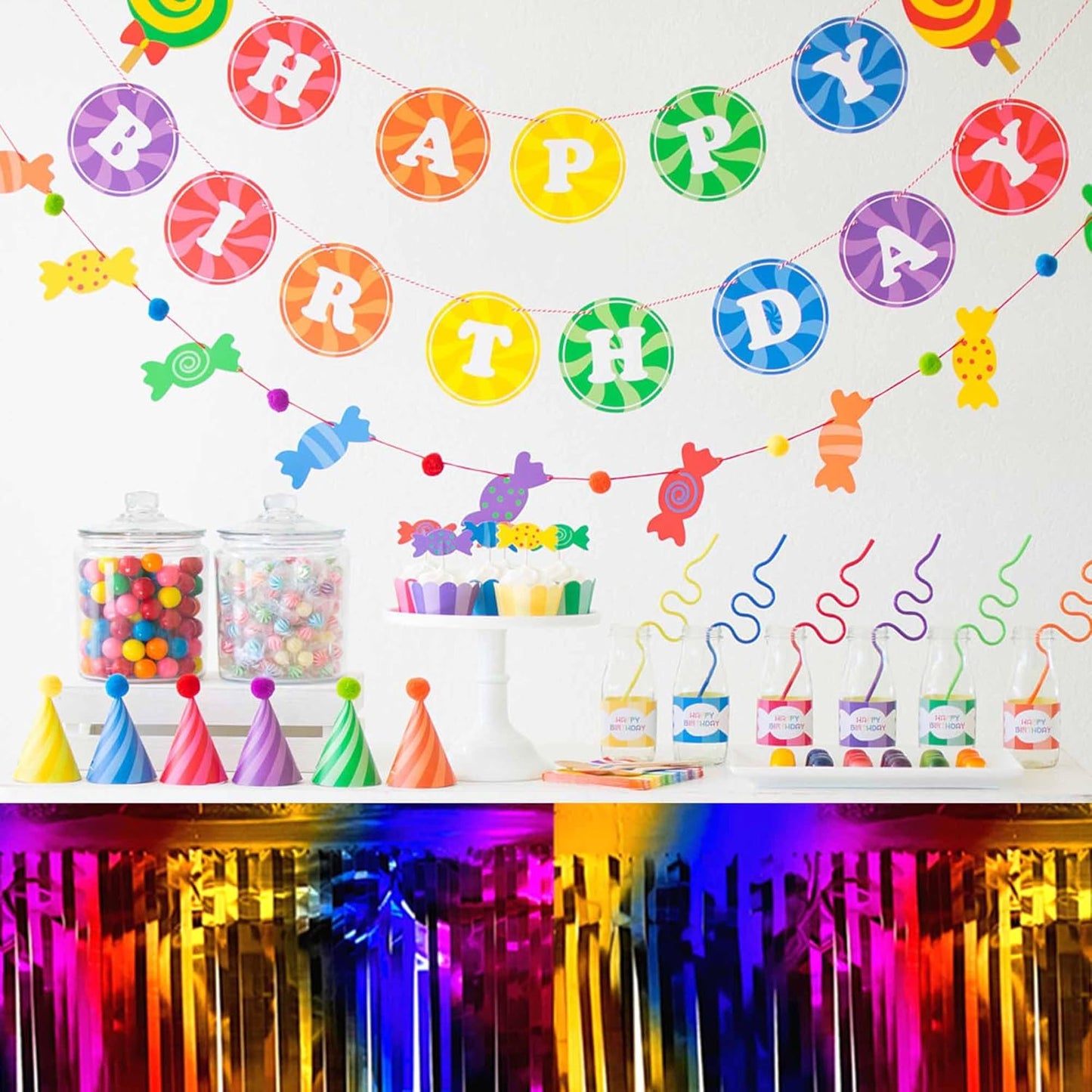 3 Pack Rainbow Foil Fringe Table Skirts Metallic Tinsel Streamers Garland Banner Backdrop for Table Decor, Parade Float, Birthday, Wedding, Halloween, Christmas Party Decorations(29x108 In)