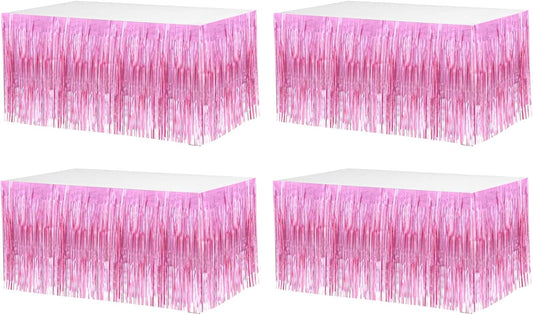 4 Pack 29x108 Inch Valentine's Day Metallic Foil Fringe Tinsel Table Skirts for Rectangle Tables Streamer Curtains Backdrop for Wedding, Birthday, Parade Floats Mardi Gras Party Decorations(Pink)