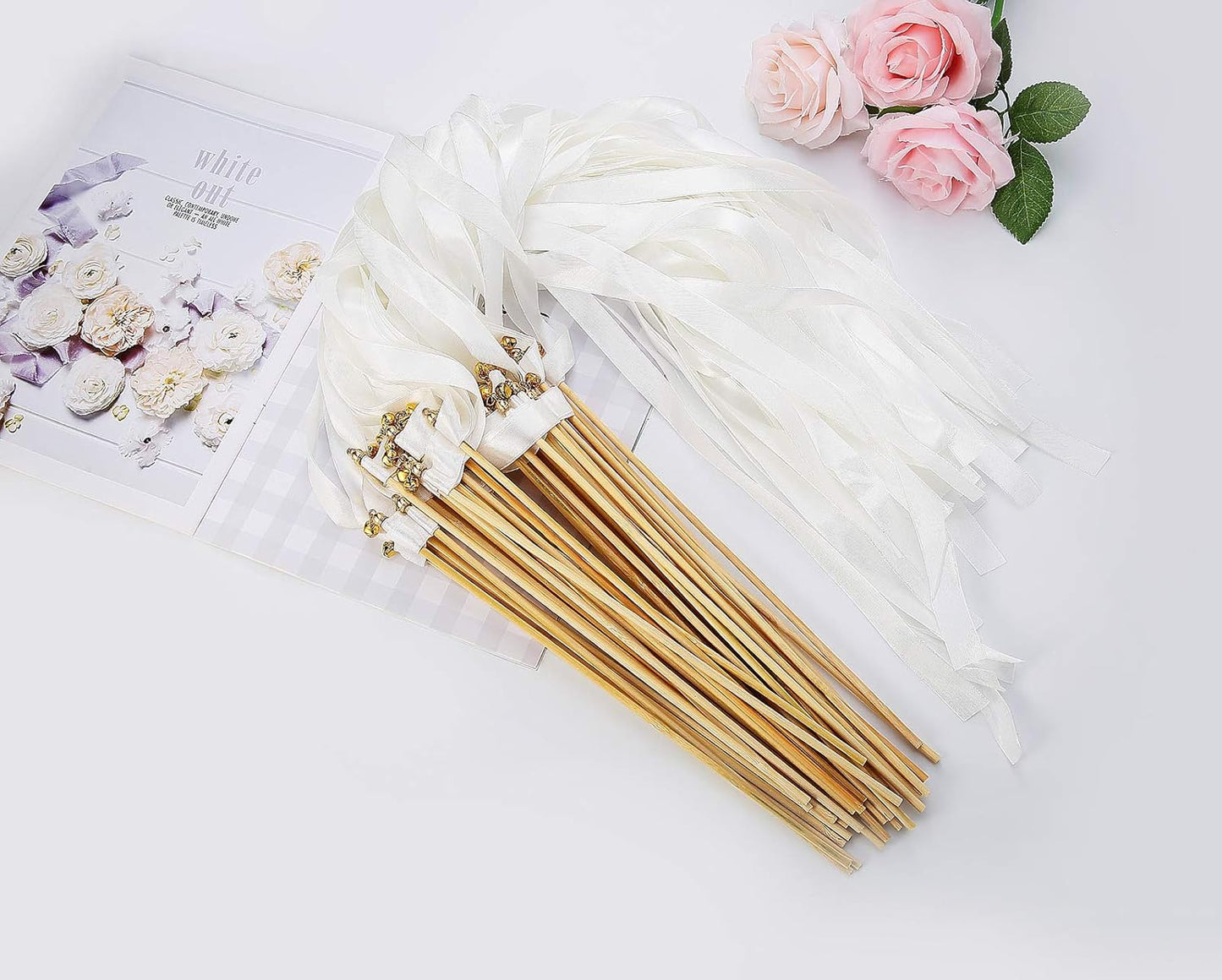 50pcs Ribbon Stick Wands Off White Streamers with Gold Bells for Wedding Party Favors for Guests