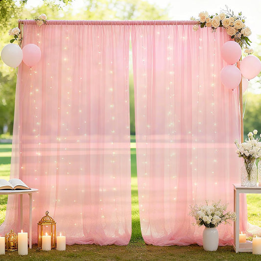 10×8ft Tulle Backdrop Curtains with Lights String - 300LED Fairy Lights Sheer Curtain Backdrop for Weddings Baby Shower and Birthday Party Decorations(4 Panels 5×8ft)