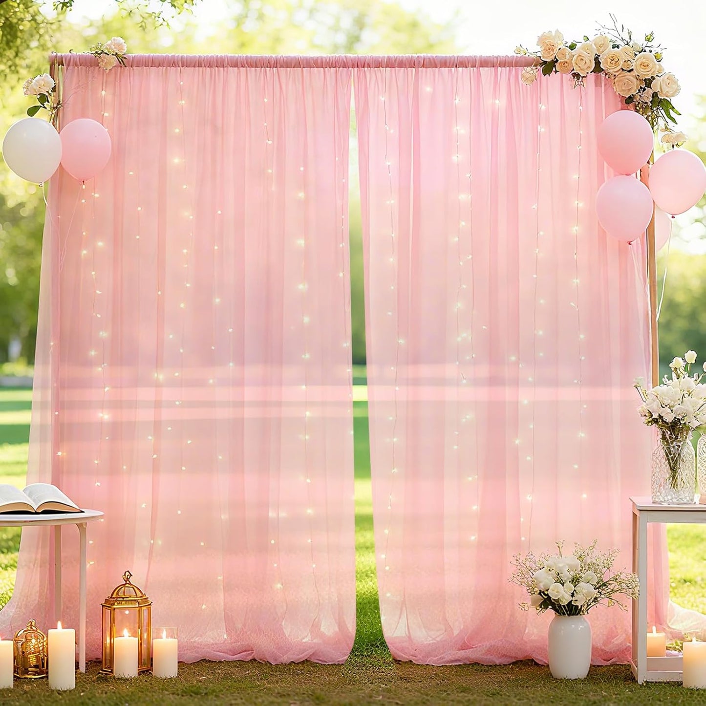 10×8ft Tulle Backdrop Curtains with Lights String - 300LED Fairy Lights Sheer Curtain Backdrop for Weddings Baby Shower and Birthday Party Decorations(6 Panels 5×8ft)