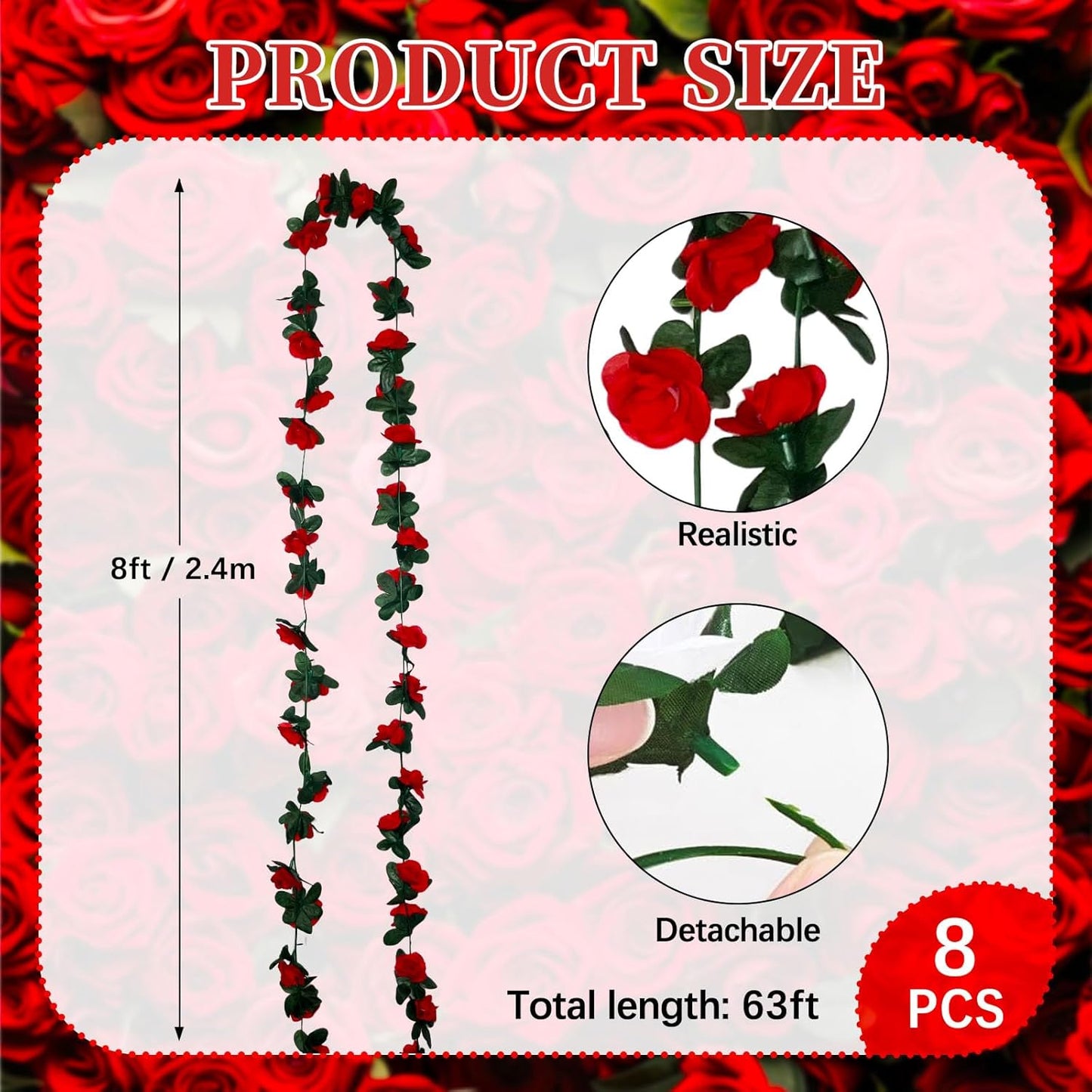 8Pcs 63Ft Red Rose Garland, Fake Rose Hanging Flowers, Artificial Flower Vine, Hanging Floral Vine Garland for Wedding, Birthday Party, Wall Arch, Halloween, Christmas Garden Backdrop Decor