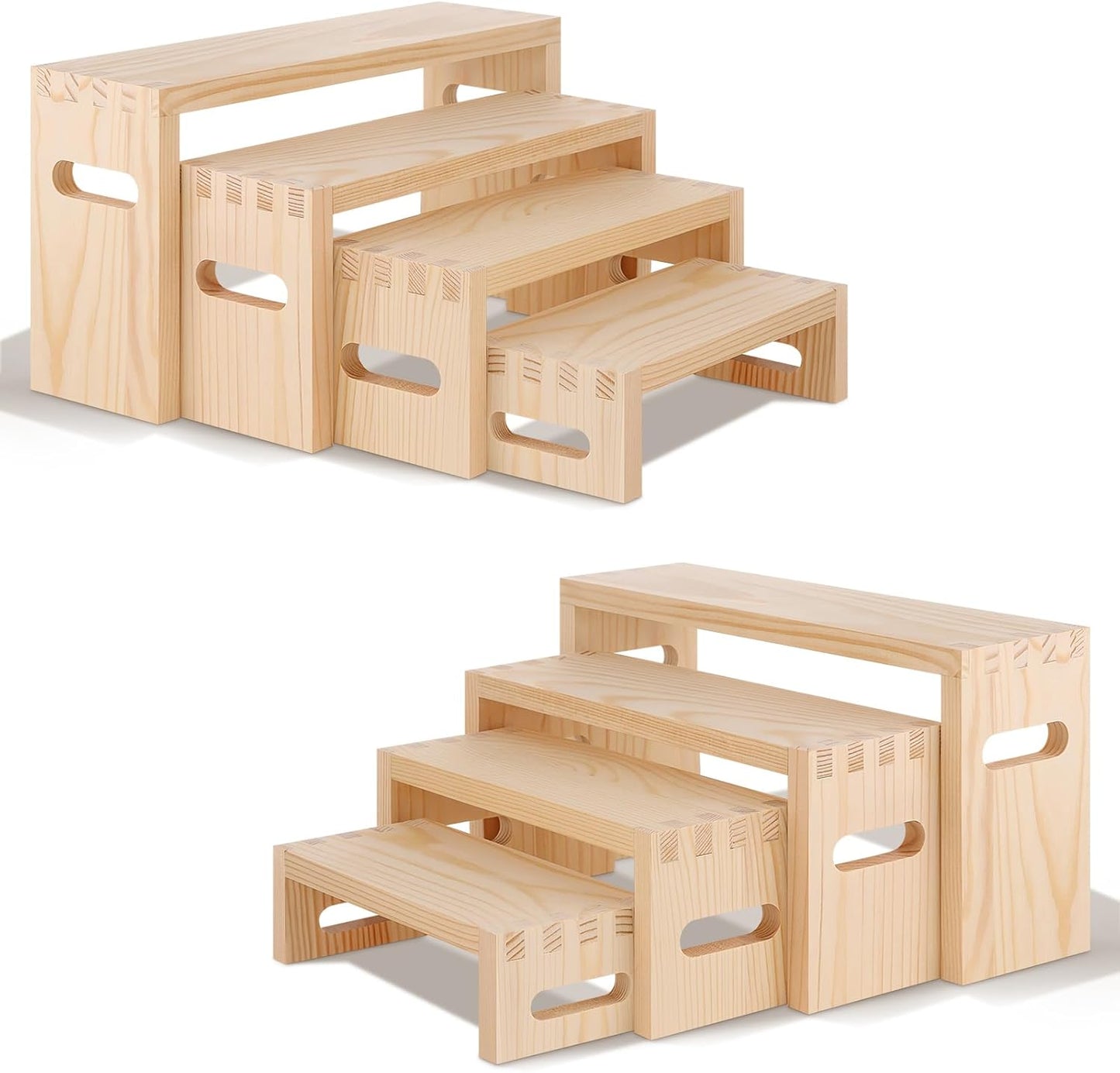 8 Pcs Wood Risers Display Stands, 2 Set Wooden Risers for Table Display, 4 Tier Rectangular Riser Display Stand Wooden for Cupcake, Desserts, Perfume, Collections, Jewelry Showcase (Nature)