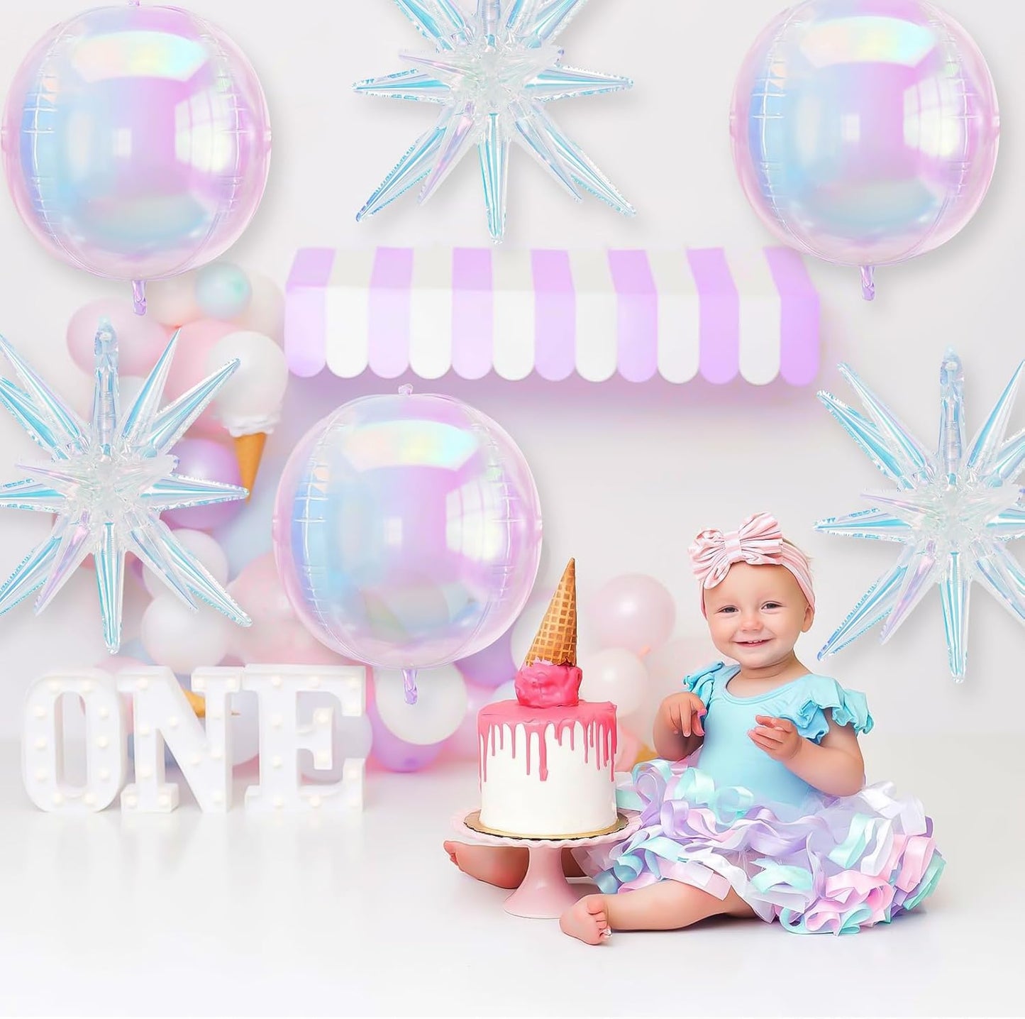 6Pcs Iridescent Foil Balloons, 22in 4D Round Ball and 18in Explosion Star Iridescent Balloons, Large Holographic Clear Foil Balloon for Birthday Mermaid Rainbow Wedding Party Supplies