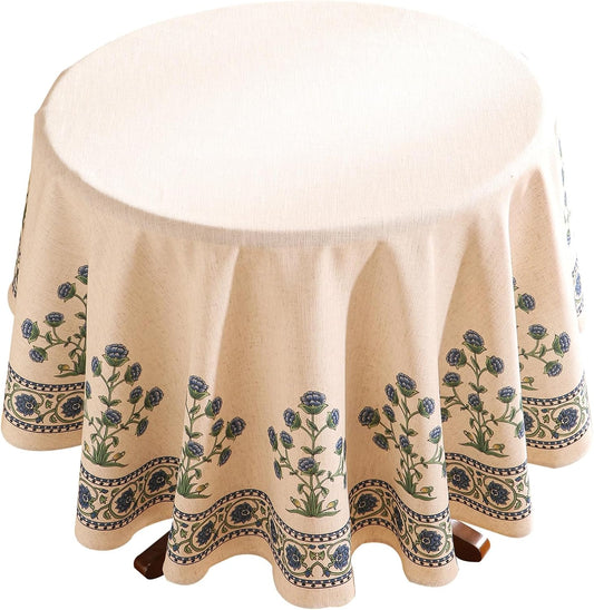 patdrea Designer Linen Blue Round Tablecloth,Vintage Leaves Pattern Floral Anti-Wrinkle Table Cloth,French Fall Dacorative Table Cover for Kitchen Dining,Thanksgiving,Party,Diameter 67"-Ivar B