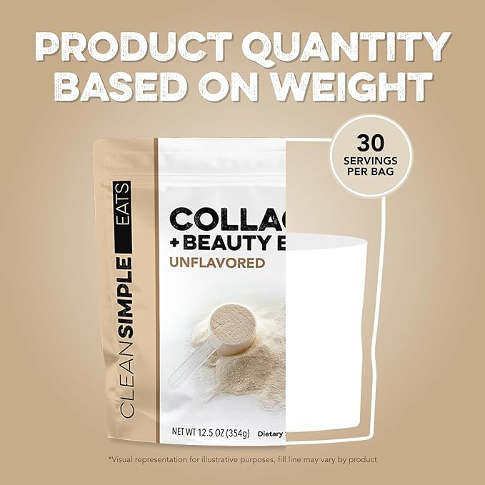 Clean Simple Eats Collagen Powder + Beauty Blend, Unflavored, 11G Hydrolyzed Collagen Peptides from Grass Fed Bovine & Chicken, Hyaluronic Acid for Hair, Skin, Nail & Joint Support, 30 Servings