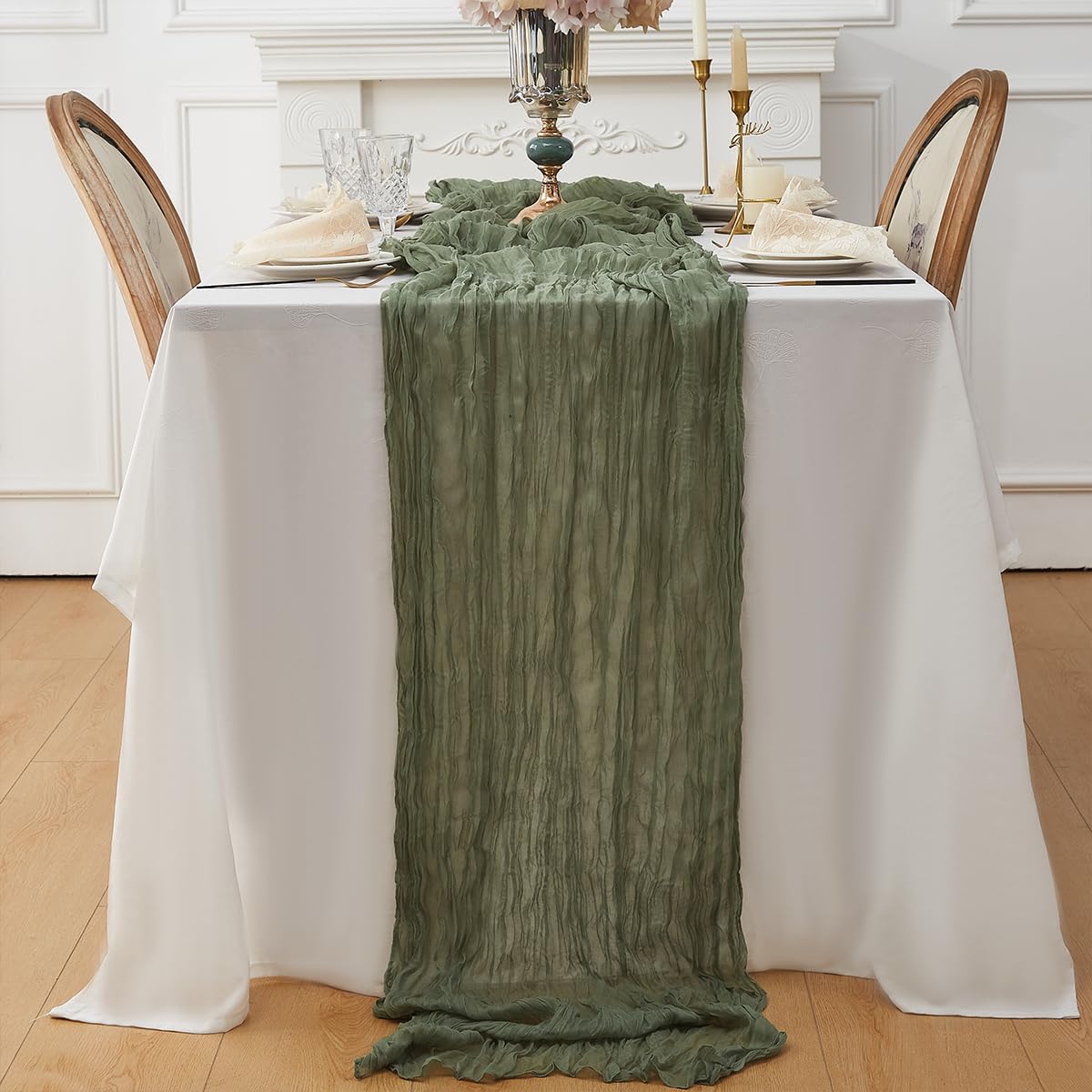 Sage Green 6 Pack Cheesecloth Table Runner 120 Inch 10 FT Boho Rustic Gauze for Wedding Baby Shower Party Farmhouse Summer Home Decor Washable