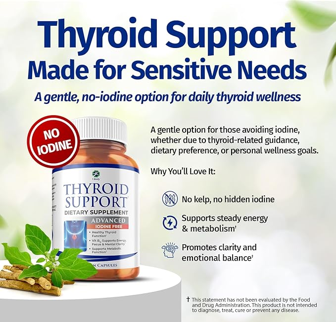 1 Body Thyroid Support Supplement, Iodine-Free, Vegan, with L-Tyrosine and Ashwagandha, 60 Capsules