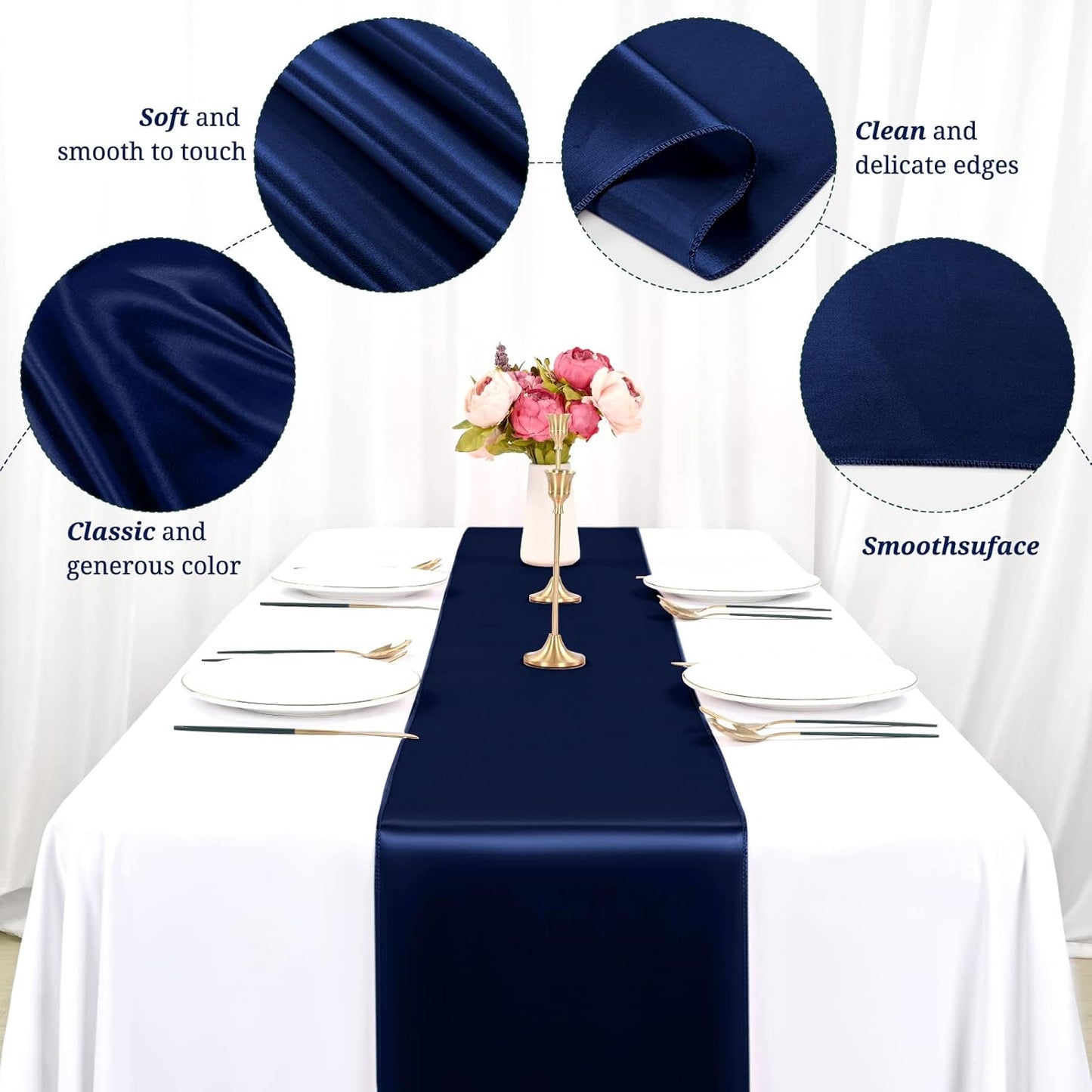 12 Pack Navy Blue Satin Table Runner,12 x 108 inch Long Premium Smooth Table Runner for Wedding, Banquets, Birthday, Party, Graduation, Engagements, Table Runners fit Rectangle and Round Table