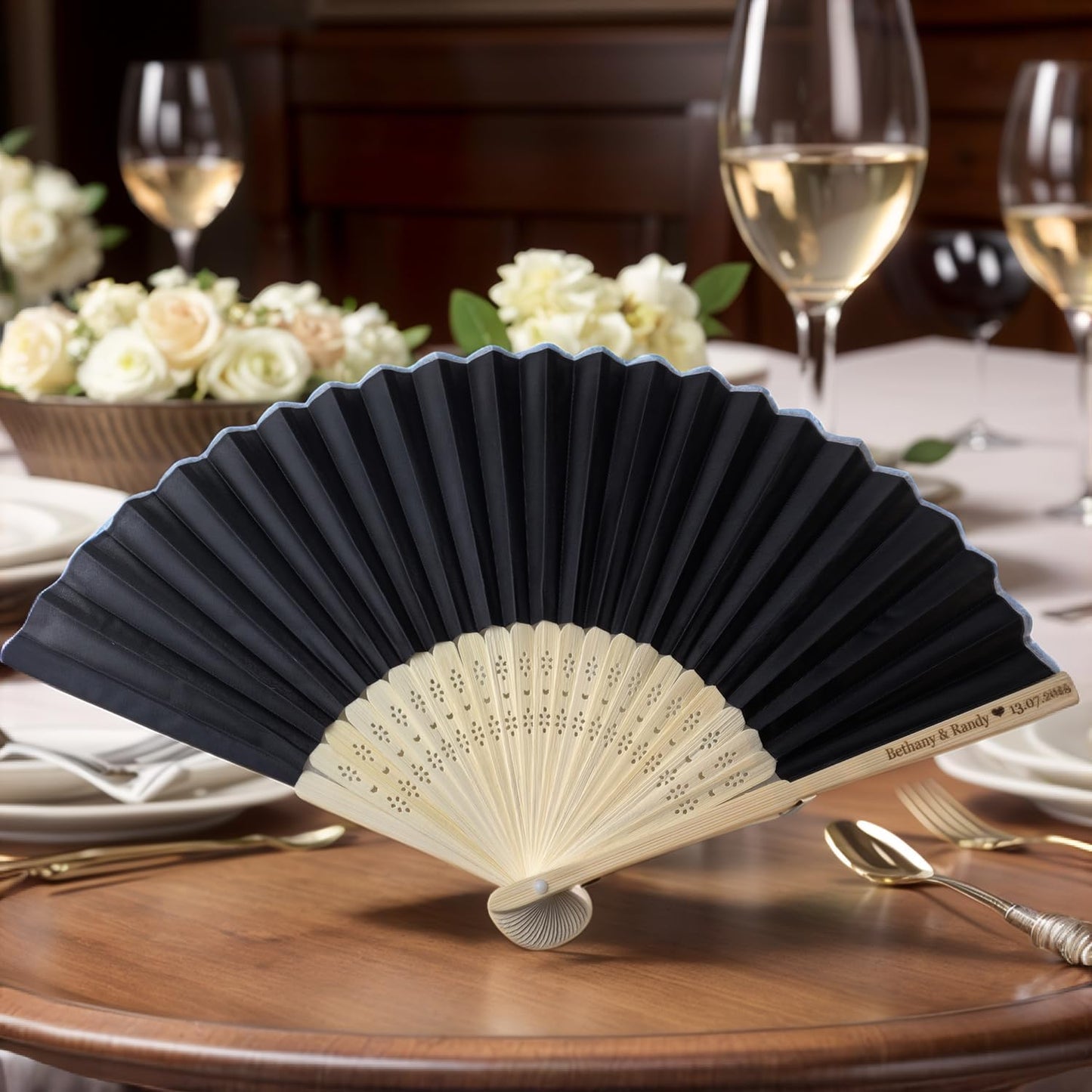 10Pcs Personalized Silk Fans Folding Hand Fan, Custom Wedding Bridal Party Favors, Summer Wedding Bride, Wedding Gift, Thank You Gift (Black)