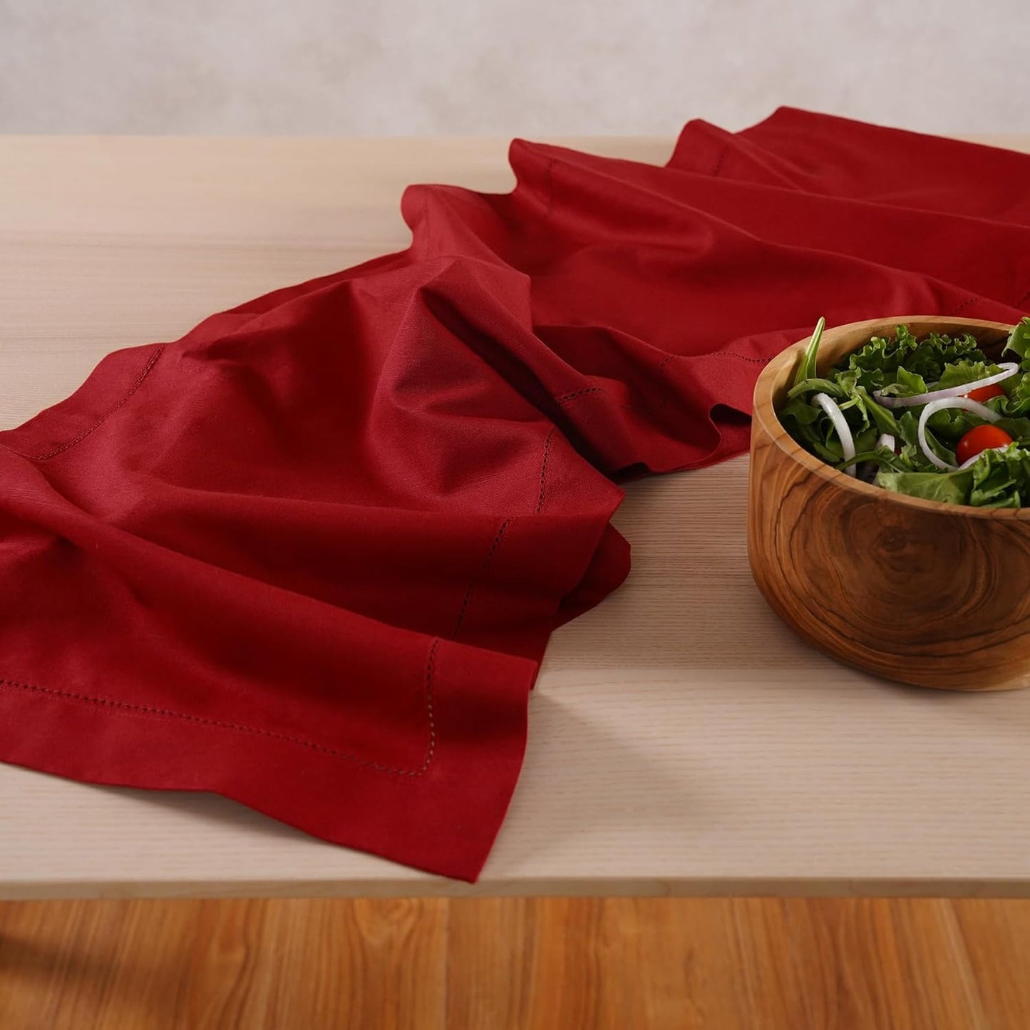 Cotton Linen Table Runner 120 Inches Long – Farmhouse Red Table Runner for Thanksgiving, Christmas, Winter, New Year – Washable Hemstitch Fabric Ideal for Gifting – Serena