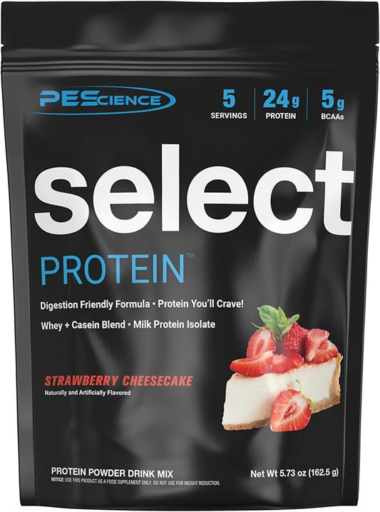 PEScience Select Protein Powder, Whey and Casein Blend, Clean Protein Powder for Women and Men, Low Calorie, Low Carb, Keto Friendly, Gluten Free, Strawberry Cheesecake, 5 Servings