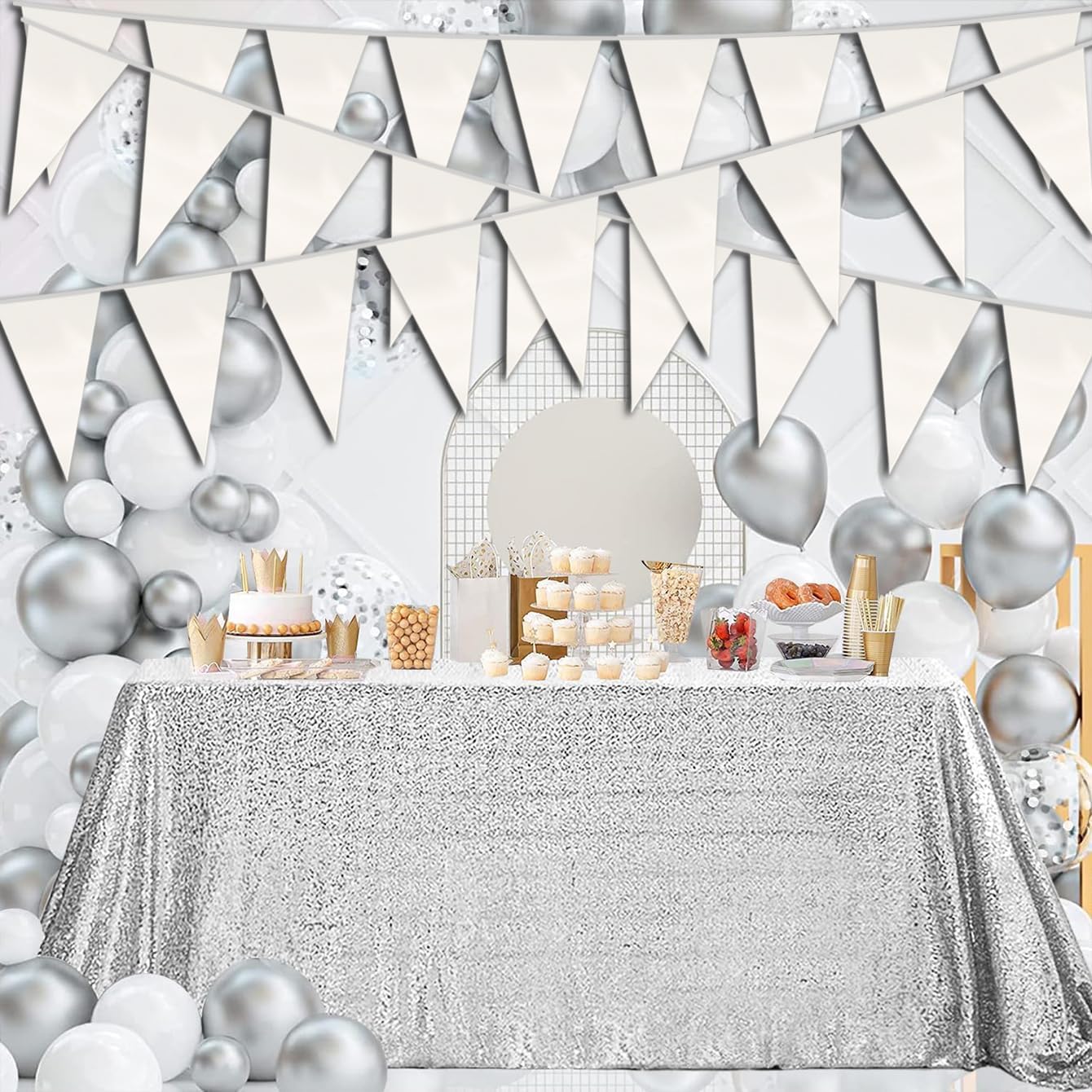 20M/65FT White Triangle Pennant Banner Flag Metallic Fabric Bunting Garland for Christmas Graduation Wedding Engagement Anniversary Bachelorette Birthday Bridal Shower Valentines Hen Party Supplies