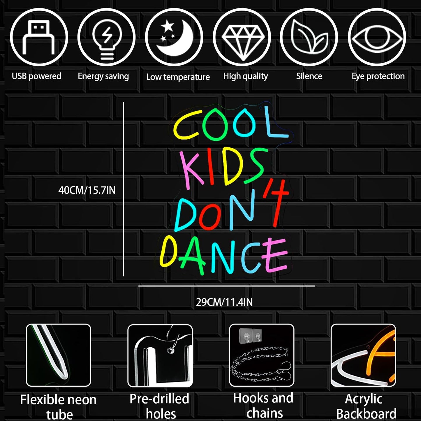 Cool Kids Don't Dance Neon Sign for Wall Decor, Cool Kids Letter Neon Light Wall Art, Dimmable Colorful Classroom LED Light Up Sign for Bedroom, Library, Classroom, Bookstore
