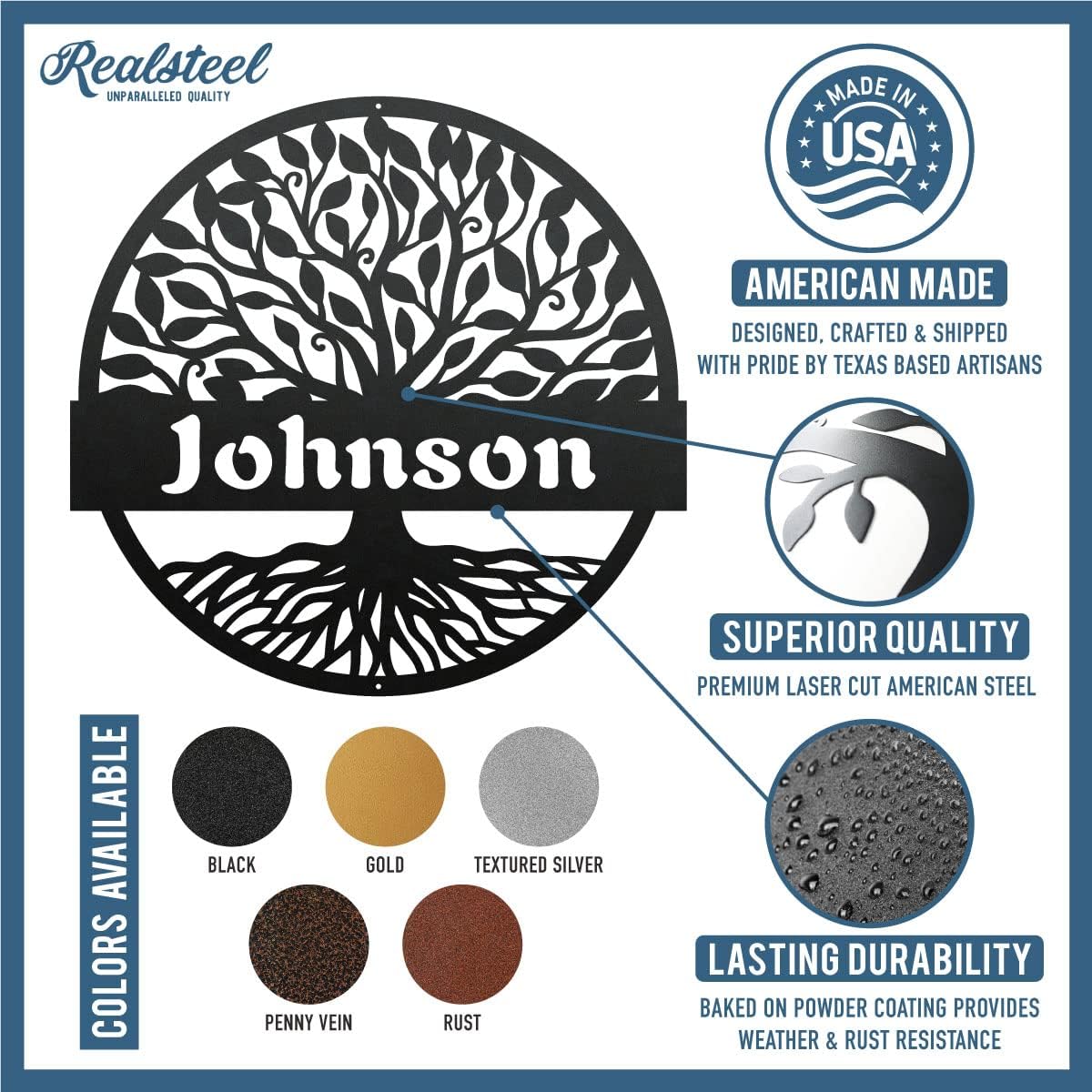 RealSteel Personalized Metal Wall Art - Custom Tree of Life Design with Family Name - Circular Metal Sign - Personalized Wedding, Anniversary, or Housewarming Gift - Black, 18"