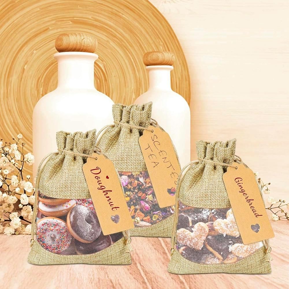 GIOIPC 50Pcs 8 x 12 Inch Linen Burlap Sheer Bags with Drawstring and Bonus Gift Tags for Wedding Birthday Bag,Craft Bags,Cosmetic Samples