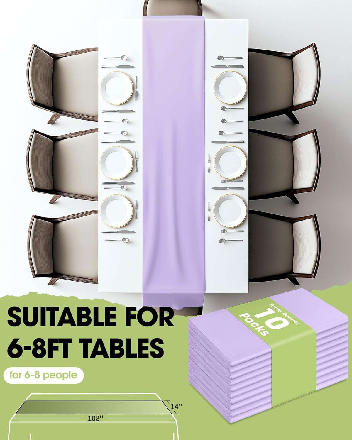 Pureegg Lilac Plastic Table Runners - 10 Pack, 14'' x 108'', Water Resistant & Disposable Lavender Centerpiece Decorations for Table Cloth, Wedding, Birthday, Holiday, Baby Shower, Party, Home Decor