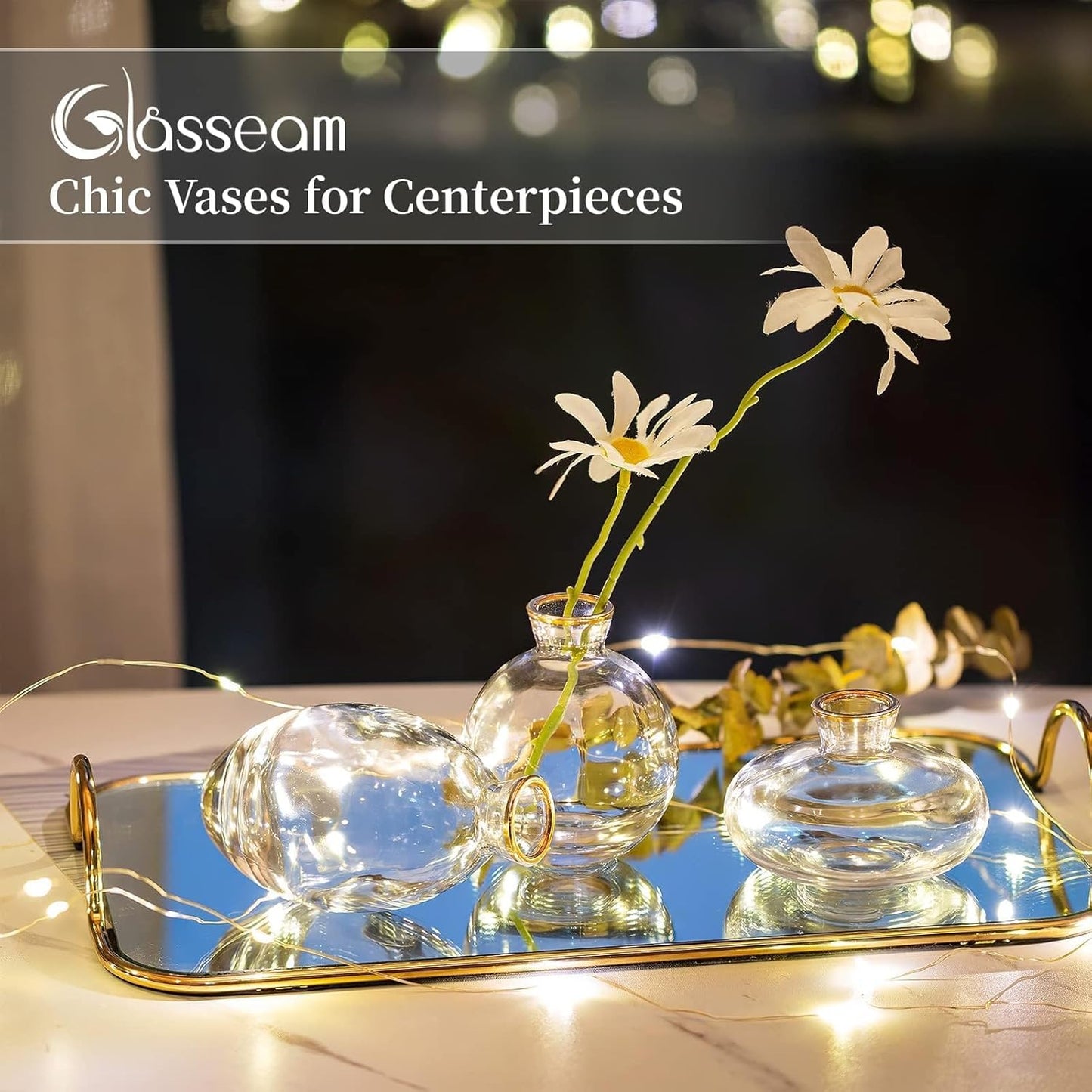 Bud Vases 3Pcs/Set Small Vases Handmade Cute Gold Rim Small Vases for Flowers Centerpieces Glass Vases Mini Vase Home Decor Centerpieces, Events Table Decor