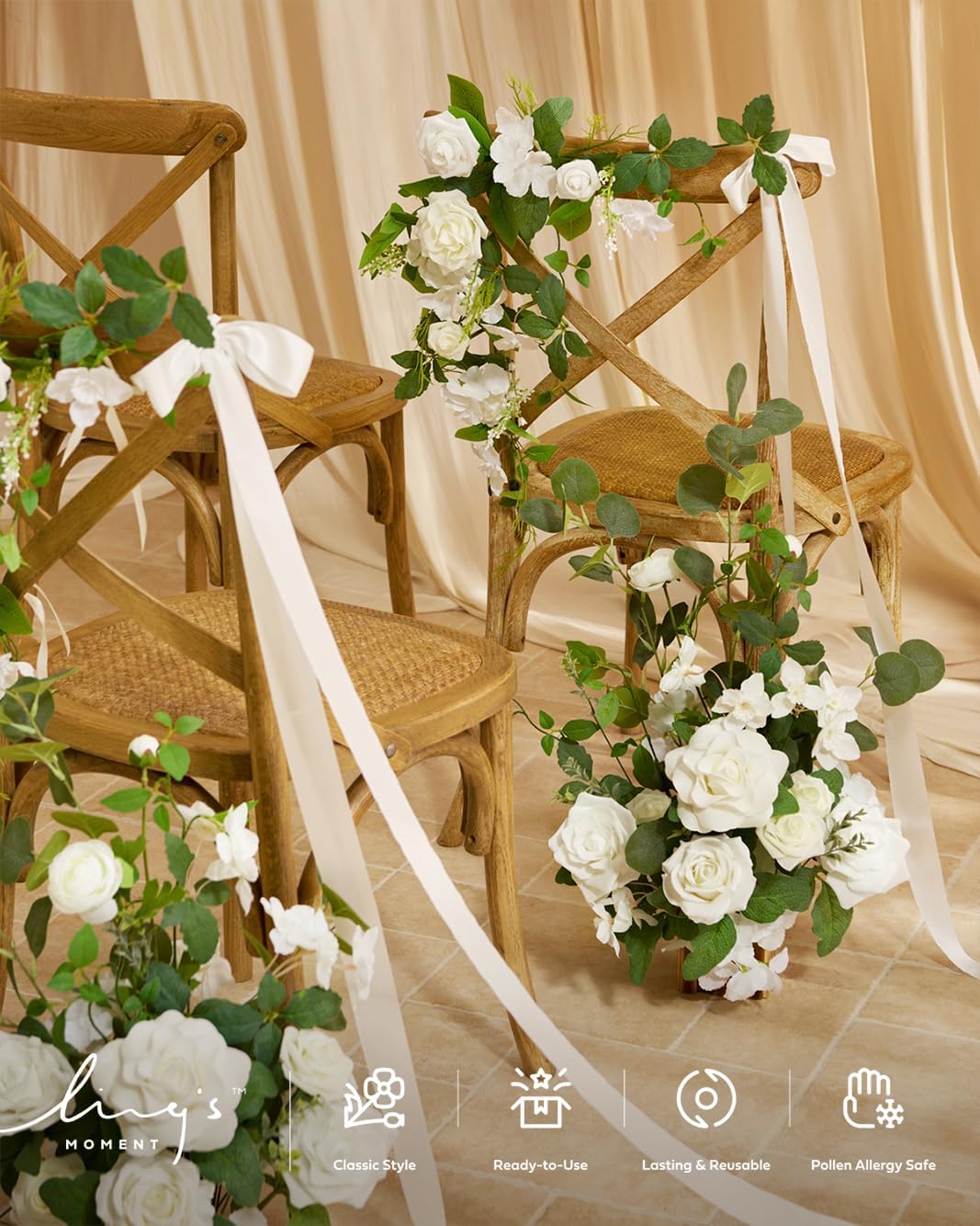 Ling's moment 17.5" Tall Standing Artificial Flowers Arrangements 4 pcs Wedding Aisle Runner Chair Decorations White Sage Centerpieces for Ceremony Reception Rose Floral Party Outdoor Decor